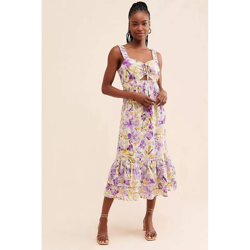 Adelyn Rae Purple Yellow Floral Eyelet Cutout Midi Dress F224D5001 Womens XS